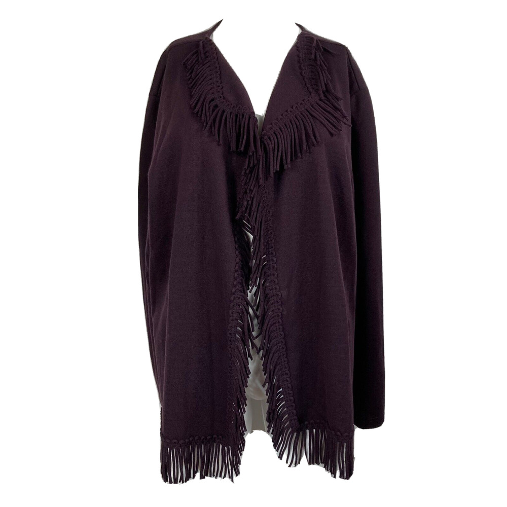 Lady Dorby Cardigan Womens Sz 2X Plus Purple Knit‎ Fringe Shawl Collar Open
